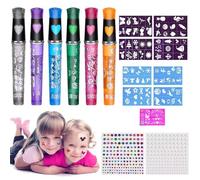 Tatuaggi Penne Bambini(6 Pezzi), 8 Stencil Tattoo, Pennarelli Glitterati, con Decorazione di Strass, per Halloween, Natale, Festa