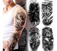 Tatuaggi temporanei a mezza manica grandi per donne e uomini, 3D Wolf Tiger Lion Fake Tatuaggi realistici per adulti, impermeabili e permanenti tatuaggi temporanei avambraccio