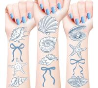 Tatuaggi temporanei adesivi con fiocco blu stelle marine e conchiglie, fiocco blu stelle marine e conchiglie sotto il mare oceano costiera spiaggia decorazioni per feste per estate compleanno