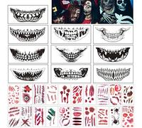 Tatuaggi temporanei di Halloween, 30 pezzi, tatuaggi temporanei per Halloween, tatuaggi spaventosi, tatuaggi per la bocca del clown, tatuaggi per il viso, scar zombie terrorismo, ferita per adulti e