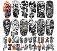 Tatuaggi temporanei moto 77 fogli per donne uomini 17 grandi per mezza manica con ali teschio fiori, 60 piccoli adesivi neri per adulti bambini feste