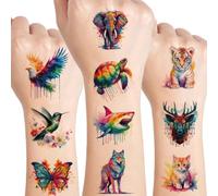 Tatuaggi Temporanei per Bambini, 10 Fogli Animali Tatuaggi per Bambini, Leone Elefante e Lupo Animale Tatuaggi Set, Tatuaggi Ad Acquerello, per Feste di Compleanno Regalo Giocattolo