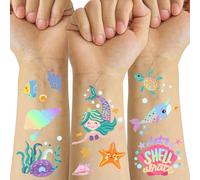 Tatuaggi Temporanei Sirena per Bambini, 4 Fogli Adesivi Tatuaggi Finti Abbronzanti | Forniture per feste di compleanno, bomboniere di creature marine, tatuaggi di animali marini per ragazzi e ragazze
