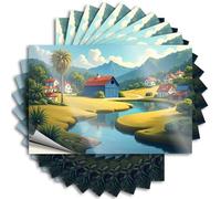 Tatuaggi Western Cottage Core Decorazioni Coprono Tranquillo Villaggio lungo il fiume con montagne sullo sfondo, decalcomanie senza residui per esterni (12 x 18 cm)