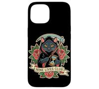 Tatuaggio retrò Nine Lives Club Grim Reaper Cat, umorismo oscuro Custodia per iPhone 15