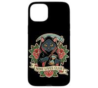Tatuaggio retrò Nine Lives Club Grim Reaper Cat, umorismo oscuro Custodia per iPhone 15 Plus