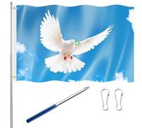 Tatuo 150 x 90 cm Bandiere della Pace con Colomba dal Cielo Blu Bandiera con Asta Telescopica per Bandiera in Acciaio Inox Corda Blu per Appendere e 2 Fibbie per Giardino Interni Esterni Feste a Tema