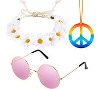Tatuo Il set di 3 accessori per costume hippie include collana con segno della pace arcobaleno anni '70, fascia con corona di fiori e occhiali da sole hippie anni '60, accessorio per travestimento per