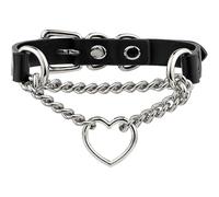 TAUOE Collana girocollo in pelle per allenamento yoga, giochi per coppie in camera da letto, collare a catena regolabile fatto a mano con anello a cuore in metallo (Catena d'argento)