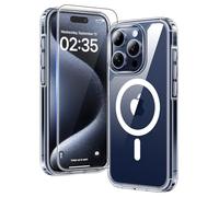 TAURI 3 in 1 Cover Magnetica per iPhone 15 Pro [Compatibile con MagSafe] con 2 Pellicola in Vetro Temperato, Custodia Rigida per Sottile Anticaduta - Trasparente