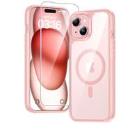 TAURI Coque Magnétique pour iPhone 15 avec Protection D'écran en Verre Trempé, [Compatible avec MagSafe] Protection Militaire Anti-Choc Mince - Rose