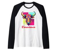 Taurus Bull Neon Retro 80s Vaporwave Zodiac Graphic, Toro Maglia con Maniche Raglan