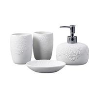 Tauzveok Set Dispenser Sapone Bagno, Set Accessori Ceramica, 4 Pezzi Moderni, Dispenser Sapone, 2 Tazze Spazzolino Denti, Portasapone Rotondo, per Lavabo, Effetto Marmo, Bianco,Bathroom Kit