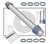 TAVADA Mattarello in acciaio inox,Mattarelli Antiaderenti,Mattarello Regolabile con 8 Anelli di Spessore,con Tappetino da Forno in Silicone Pennello Olio spatola per Pasta,Pizza,Torte