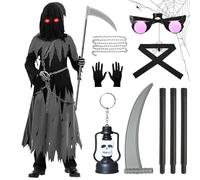 TAVADA Set costume mietitore per spirito spaventoso della morte,Morte costume di halloween per bambini e adulti,con occhiali luminosi,falce della morte,guanti,cintura,catena per cosplay,carnevale