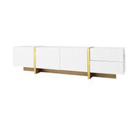 Tavola bassa con fronti strutturati, cerniere ammortizzanti, ampio spazio per dispositivi e accessori, ripiano aperto, elegante struttura a telaio, moderno mobile TV per salotto (bianco + oro)