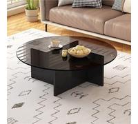 Tavola da caffè in vetro con telaio in legno massiccio, tavola rotonda con superficie in vetro temperato, locali piccoli e decorazioni per uffici(Black,80cm)