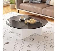 Tavola da caffè in vetro con telaio in legno massiccio, tavola rotonda con superficie in vetro temperato, locali piccoli e decorazioni per uffici(White,70cm)