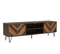 Tavola moderna per TV con due ante in impiallacciatura di legno massiccio, ripiano centrale aperto, manici in metallo dorato, piedini in ferro, mobili mediano bassi con spazio per soggiorno, camera da