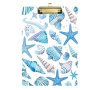 Tavoletta portablocco in acrilico con conchiglie blu e stella marina, formato A4, formato standard, per infermieri, insegnanti, allenatori, con clip dorata, a basso profilo, retrattile, 31,8 x 22,9 cm