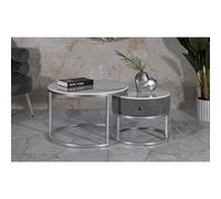 Tavoli da caffè Greys, coppia moderna con struttura in metallo silver e piano effetto marmo dimensioni Ø 70x48-Ø 50x43,5 crema e oro oro