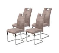 Tavoli Hela, Flora II - Set di 4 sedie da cucina flessibili, microfibra beige vintage, struttura in tubolare cromato, schienale con maniglia