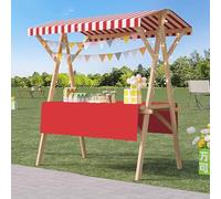 Tavoli Pieghevoli per Mercatini Chiosco in Legno con Ripiano, Carretto Mobile per Buffet di Dolciumi e Torte, Gelato e Hot Dog, Baldacchino a Righe, Bancone per Vendita Al Dettaglio di Dolciumi(Red,Wi