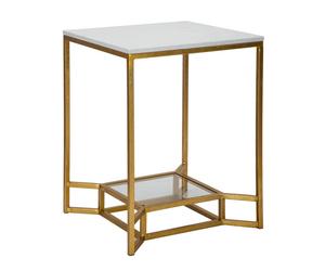 Tavolinetto Double Marble 47x47x60 cm in Ferro e Vetro e Marmo Oro e Bianco