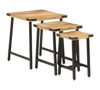 Tavolini a Incastro 3 pz in Legno Massello di Mango e Ferro | Set impilabile 3 misure, comodino o mobile d'appoggio, legno tropicale con venature uniche, piano robusto, da salotto e