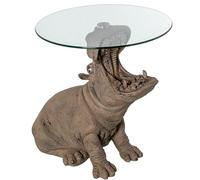 Tavolino ausiliario con base di un ipopotamo in resina e vetro in marrone e trasparente 60 x 49 x 58 cm