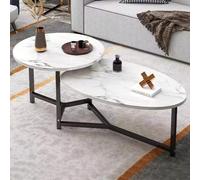 Shally Dogan Tavolino da Caffè con 2 Ripiani Design Luxury Effetto Marmo, Tavolo Basso Elegante Premium Piano Tondo e Ovale 2 Livelli, Ideale per Salotto, Soggiorno, Ufficio (Bianco)