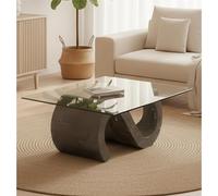 Tavolino con base in Pietra Fossile Gray Stone.Flexus Stone Decor E5 120x70xH36 cm, Vetro Trasparente, Gambe in Pietra Fossile Grigio, Top in Vetro Temperato grigio