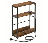 Tavolino con Multipresa, Tavolino Stretto a 3 Ripiani, Tavolino per Piccoli Spazi con Portariviste, per Salotto Camera da Letto Studio, Nero Ebano e Nero Inchiostro/Marrone Vintage e Nero Inchiostro [