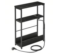 Tavolino con Multipresa, Tavolino Stretto a 3 Ripiani, Tavolino per Piccoli Spazi con Portariviste, per Salotto Camera da Letto Studio, Nero Ebano e Nero Inchiostro [Adatto a spazi stretti] Con dimens