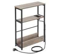 Tavolino con Multipresa, Tavolino Stretto a 3 Ripiani, Tavolino per Piccoli Spazi con Portariviste, per Salotto Camera da Letto Studio, Greige Melange e Nero Inchiostro [Adatto a spazi stretti] Con di