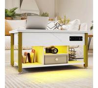 Tavolino da caffè 4 in 1 in marmo bianco YITAHOME: altezza regolabile, converte al tavolo da pranzo con contenitore e illuminazione a LED BIANCO