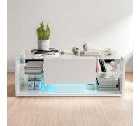 Tavolino da caffè bianco lucido con illuminazione LED regolabile, tavolino da caffè moderno con cassetto e vano portaoggetti aperto, tavolino da caffè rettangolare, per soggiorno e camera da letto,