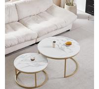 Tavolino da caffè con struttura in marmo da 2 pezzi per divano del soggiorno Tavolino da tè rotondo laterale 2 in 1 Mobili combinati Oro Bianco