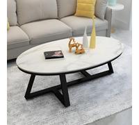 Tavolino da caffè in marmo con gambe a croce, piano ovale in ardesia, 119,4 cm, tavolo da cocktail in stile nordico, design con pietra bianca/grigia, base nera, 61 cm di larghezza x 45,7 cm di altezza