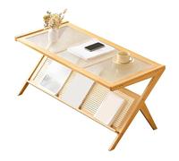 Tavolino da caffè in rattan con piano in vetro di bambù e ripiano portaoggetti, tavolino a 2 ripiani per soggiorno e camera da letto
