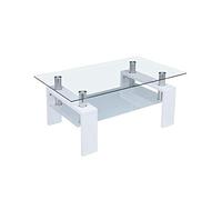 Tavolino da caffè in vetro bianco con mensola, mobili da soggiorno, in legno, 99,5 x 59,9 x 43,5 cm (lunghezza x larghezza x altezza)
