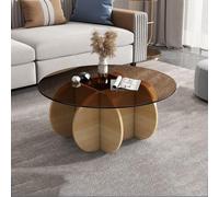 Tavolino da caffè in vetro triangolare irregolare, moderno, con piano rotondo e base in legno massello, elegante centro per soggiorno e patio, lato temperato trasparente, color tè, noce e verde