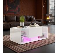 Tavolino da caffè LED RGB con contenitore, finitura lucida, 4 ripiani in vetro, telecomando, design moderno, nero/bianco