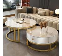 Tavolino da caffè Moderno Classico Rotondo impilabile con cassetto portaoggetti Set da 2 Pezzi con Piano Effetto Marmo per Soggiorno Piccolo Spazio 80 cm Oro/Bianco-Bianco