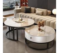 Tavolino da caffè Moderno Classico Rotondo impilabile con cassetto portaoggetti Set da 2 Pezzi con Piano Effetto Marmo per Soggiorno Piccoli spazi 27" Nero/Bianco-Bianco