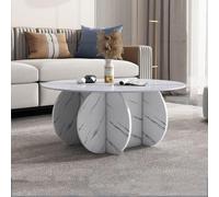 Tavolino da caffè moderno rotondo in vetro triangolare irregolare con base in legno massello e finitura in marmo bianco temperato trasparente, ideale per soggiorno o patio.