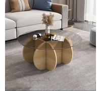 Tavolino da caffè moderno rotondo in vetro triangolare irregolare con piano temperato trasparente e base in legno massello color noce bianco ideale per soggiorno o patio