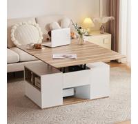 Tavolino da caffè multifunzione sollevabile - Piano del tavolo si apre su 2 tavoli, due cassetti, bianco + colore legno originale, grande capacità, tavolo da pranzo da ufficio per il tempo libero