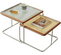 Tavolino da caffè Nesting Set di 2 Tavolini da Salotto Rustici Moderni per Soggiorno Tavolino Quadrato Impilabile Tavolini Laterali con Struttura in Metallo Tessitura in Rattan E Piano, Red
