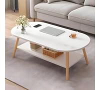 Tavolino da caffè ovale in legno moderno metà secolo, design a due livelli con ripiano portaoggetti, ideale per piccoli appartamenti soggiorno, arredamento elegante e funzionale.
